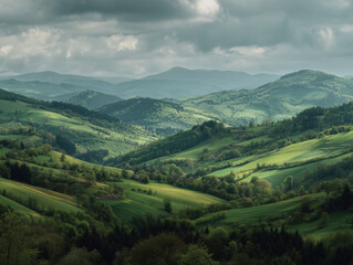 Obraz premium Rolling green hills under a cloudy sky, spring season, cinematic tone