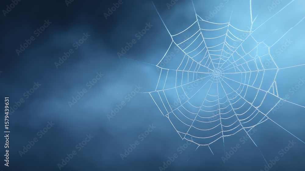 Poster intricate spider web glimmering in fog with blue background and soft light effects for atmospheric n