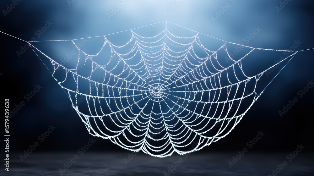 Poster intricate spider web glimmering with dew drops in soft blue light illuminated background