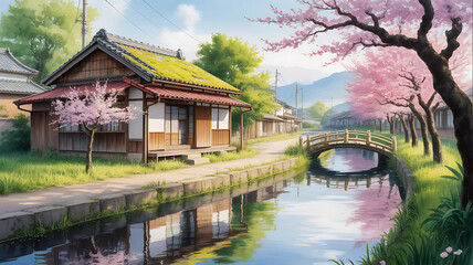 Japanese village canal lined with cherry blossoms and traditional houses