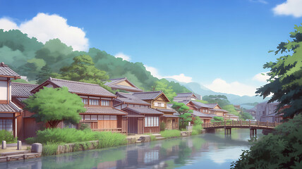 Japanese village with wooden bridge over calm river