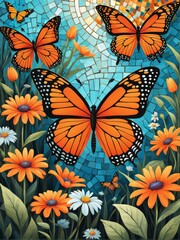illustration of a butterfly and flowers on blue background