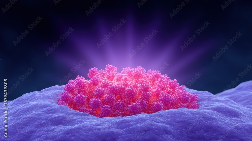 Poster vibrant abstract representation of biological cells illuminated by ethereal light in a dark backgrou