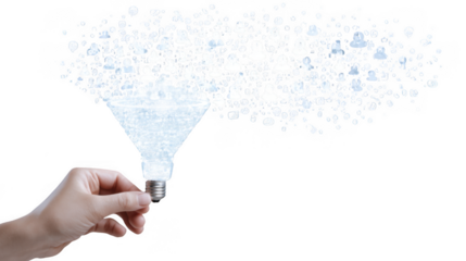 A hand holds a lightbulb filled with a funnel of people icons, symbolizing a flow of ideas and connections isolated on transparent background