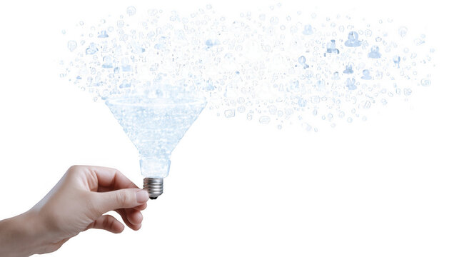 A hand holds a lightbulb filled with a funnel of people icons, symbolizing a flow of ideas and connections isolated on transparent background