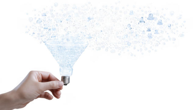 A hand holds a lightbulb filled with a funnel of people icons, symbolizing a flow of ideas and connections isolated on transparent background