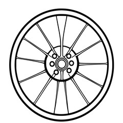 Fototapeta premium Spoked Wheel Design: A bold, monochrome line art illustration depicts a detailed wheel with multiple spokes radiating from the center, showcasing its intricate mechanical structure.
