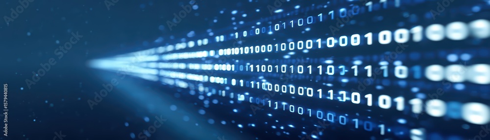 Poster blue abstract digital background with glowing binary code stream on technology theme for modern proj