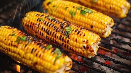 Grilled corn on the cob with vibrant yellow kernels and charred flavor