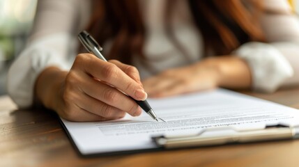Woman signing a document on desk in business or legal environment