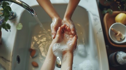 Parent washing child’s hands in sink for hygiene and health