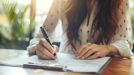 Woman signing a document on desk in business or legal environment