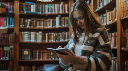 Young Woman Reading in a Cozy Library Surrounded by Bookshelves