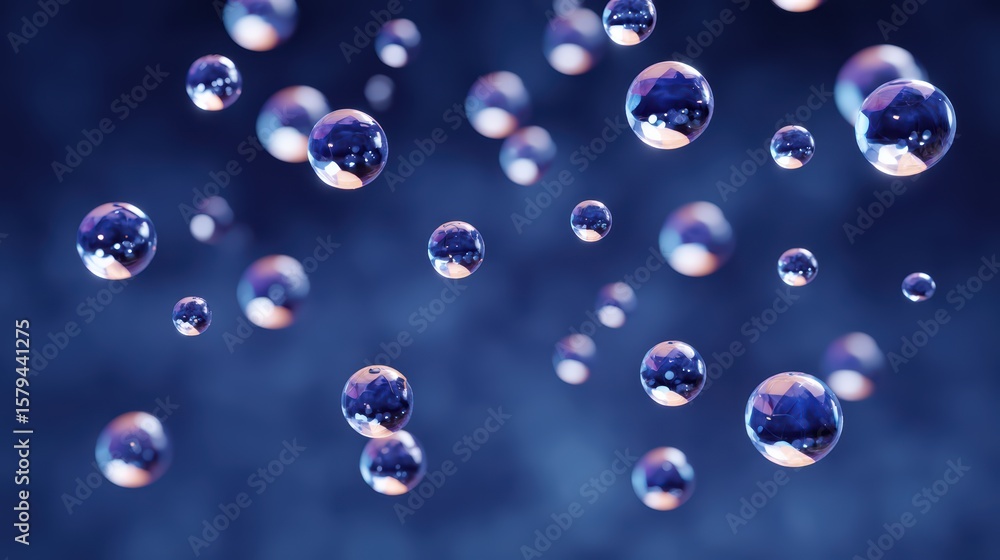 Poster floating bubbles in abstract background with soft lighting and blurred blue tones for creative desig