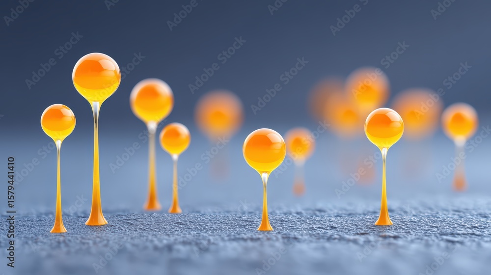 Poster abstract orange droplets on a textured surface with soft blue background in artistic composition