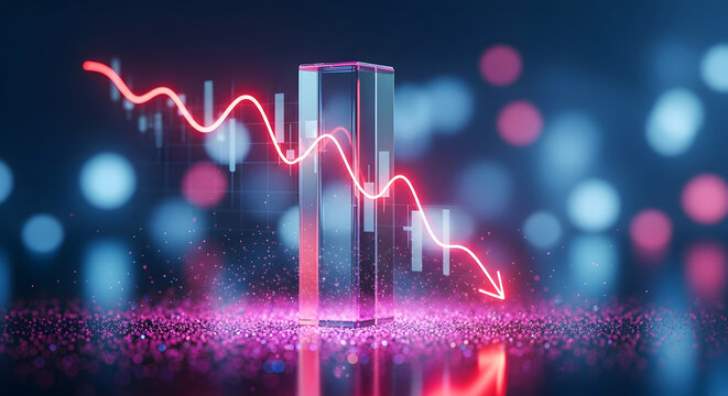 Dramatic Declining Red Graph Line Over a Reflective Crystal Bar on a Dark, Abstract Background with Bokeh Lights, Symbolizing Loss

