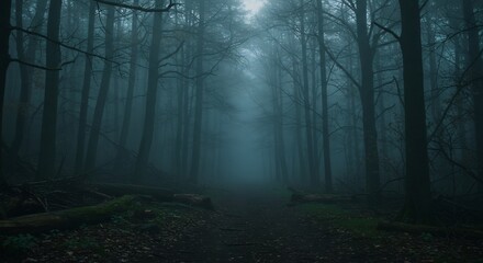 Fototapeta premium Eerie Forest Path: Atmospheric Fog, Mysterious Trees, Dark Moody Landscape.