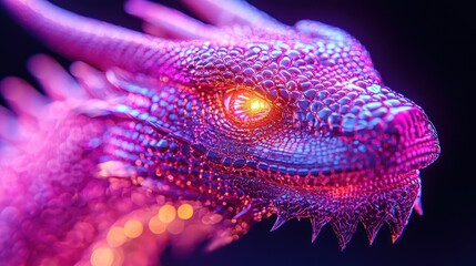 Obraz premium Glowing purple dragon head close-up, fantasy art, digital illustration, dark background
