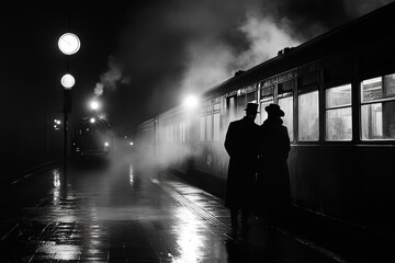 noir style train station, final goodbye between lovers