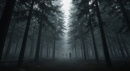Obraz premium Eerie Forest Path: Silhouetted Figures Walking into Misty Darkness.