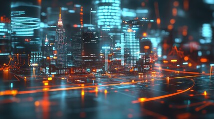 Futuristic city at night, data streams flow, digital urban landscape, tech background, website banner