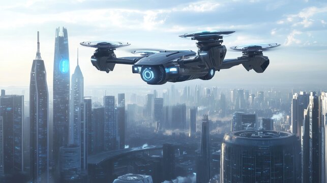 Futuristic Drone Soaring Over a Modern Metropolis - Powered by Adobe