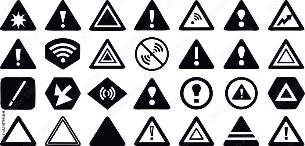 Poster vector art of a comprehensive collection of black and white warning and hazard signs in various tria