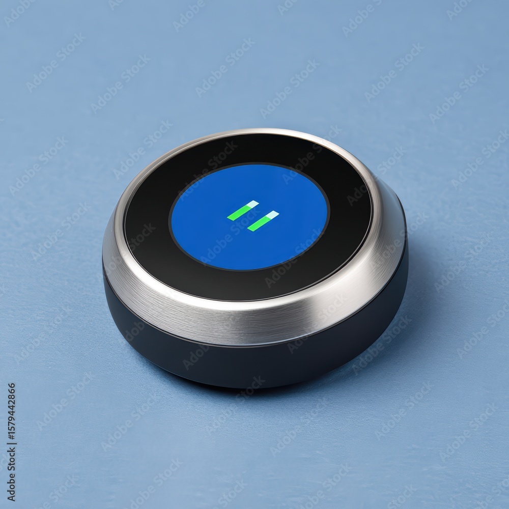 Poster modern touch control button on a soft blue surface for digital interface applications and technology