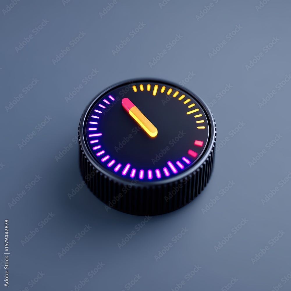 Poster colorful and modern round timer with neon lights on gray background for creative time management con