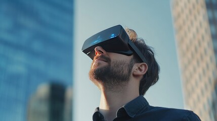 Man Experiencing Immersive Virtual Reality in Urban Setting