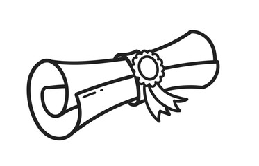 Vector illustration of diploma scroll tied with ribbon and seal in black and white line art style.
