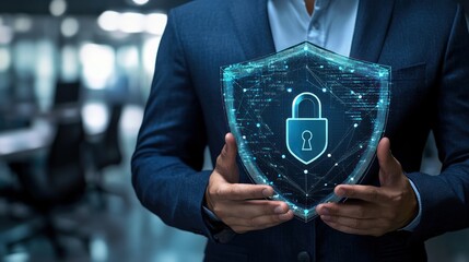 Cybersecurity Expert Holding a Digital Shield with a Lock