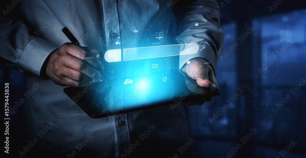 Poster search engine interface for accessing digital information and online data. search engine finds data,