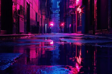 noir-style street with neon lights and puddles