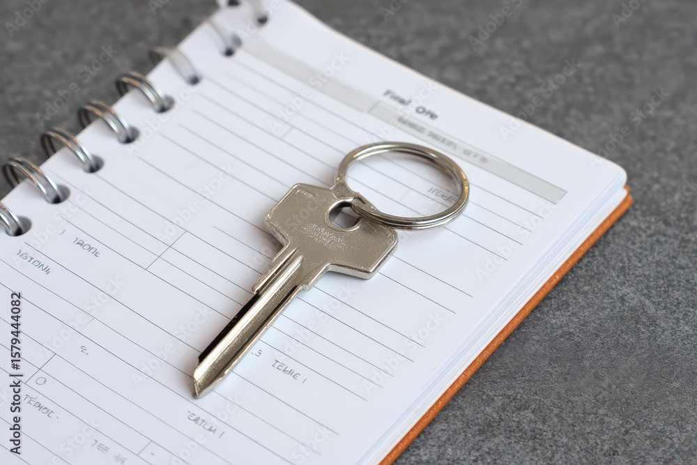 Poster key on spiral notebook page with blank lines for note-taking and organization