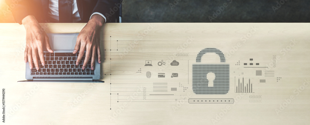 Poster cybersecurity protection system showing password encryption, fingerprint id, cloud security, email, 