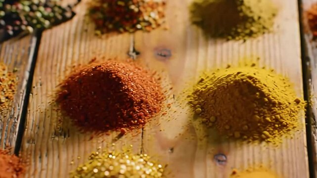 Wooden board, spice piles, cooking