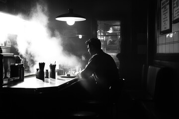 smoky noir diner late at night with suspicious characters