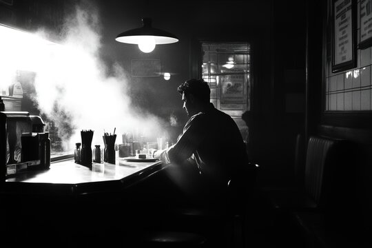 smoky noir diner late at night with suspicious characters