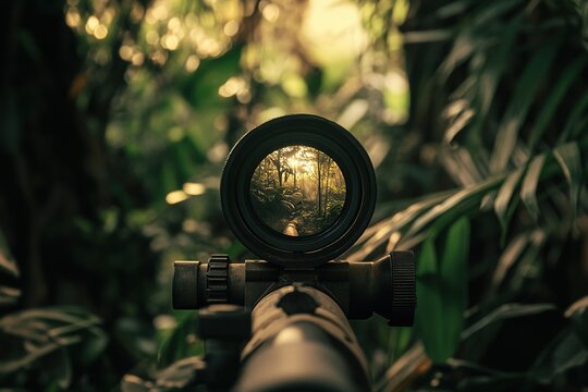 sniper scope targeting in dense jungle