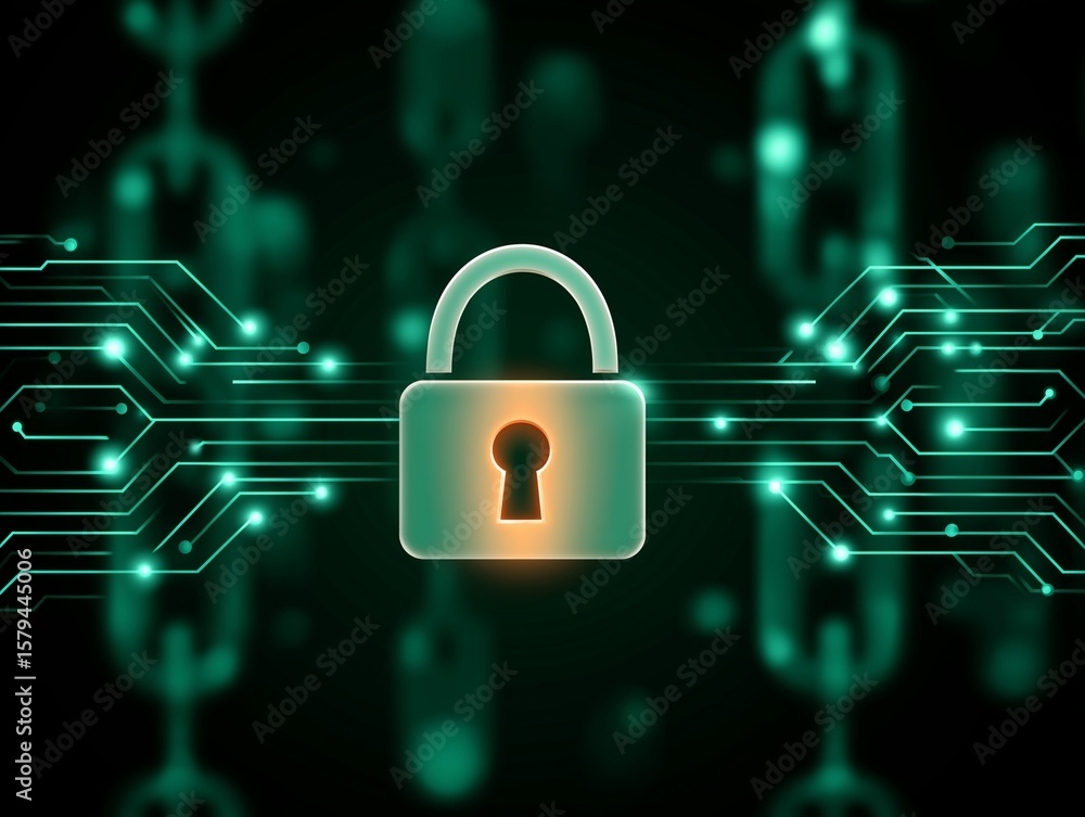 Poster cybersecurity lock: a glowing green padlock is digitally depicted, secured within intricate circuits