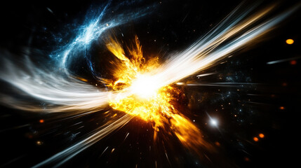 Fototapeta premium Vibrant cosmic explosion with fiery orange and white energy trails spiraling outward, set against deep space background with stars and glowing blue nebulae