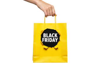 Hand Holding Yellow Shopping Bag with Torn Cutout Revealing Bold Black Friday Text on White Background