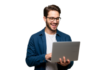 Smiling Young Man Using Laptop on White Background, Representing Modern Work and Digital Communication








