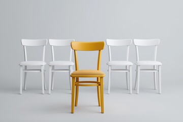 Fototapeta premium Yellow chair stands out among white chairs in minimalist grey setting
