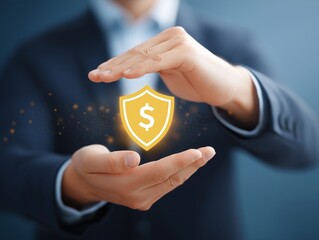 A conceptual image depicting a person's hands gently cradling a golden shield, emblazoned with a dollar sign, symbolizes the protection and preservation of financial well-being.Generative ai.