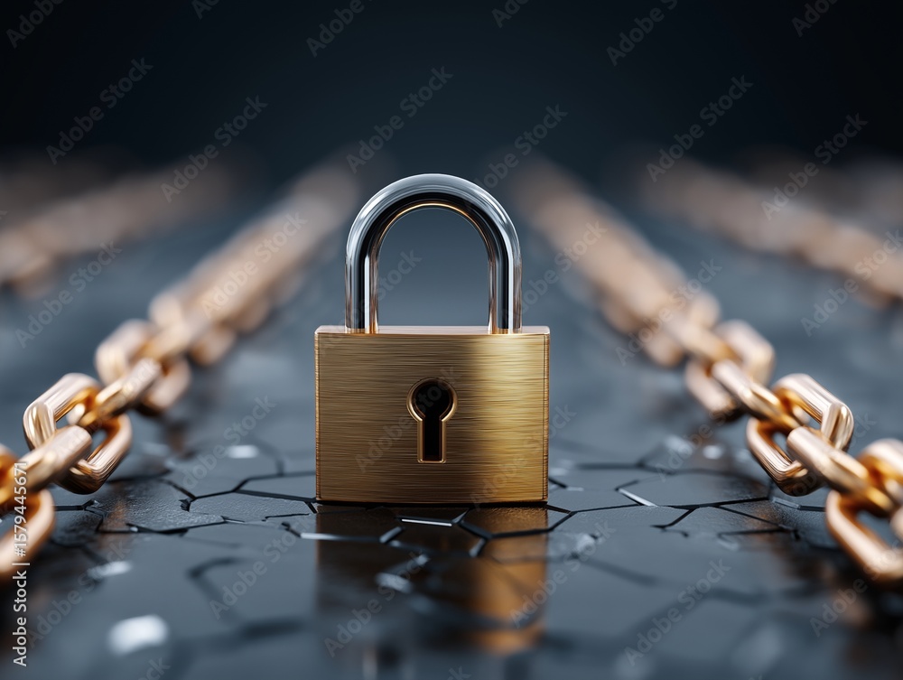 Poster a gleaming padlock is the cornerstone of security. robust golden chains extending outward. a strikin