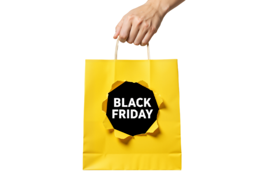 Hand Holding Yellow Shopping Bag with Torn Cutout Revealing Bold Black Friday Text on White Background
