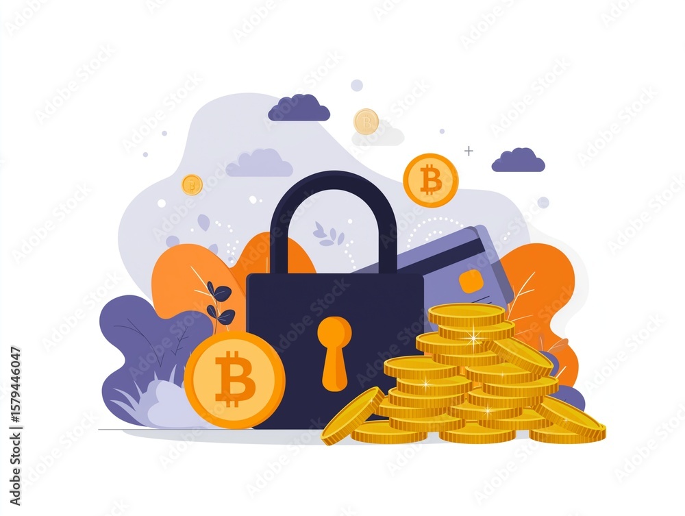 Poster digital fortress: secure storage of financial assets symbolized by a padlock and digital currency. c