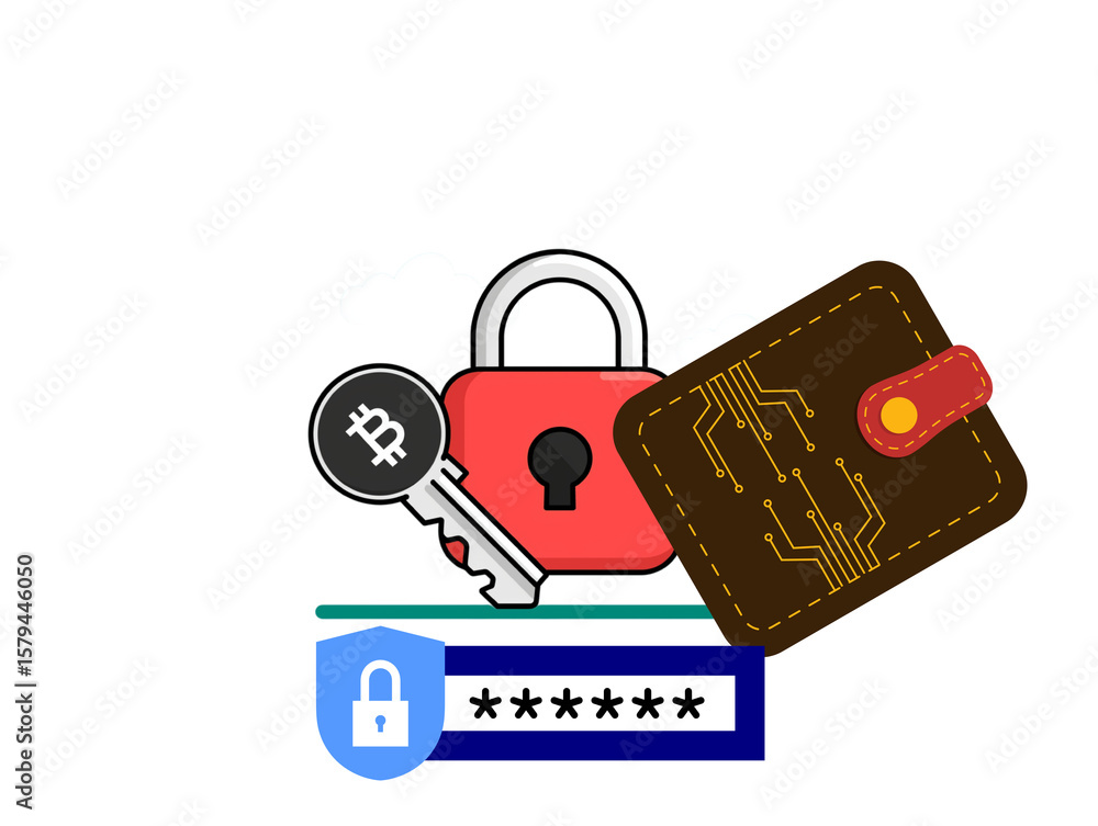 Poster conceptual a secure digital wallet with a padlock and key that represent security measures in the di